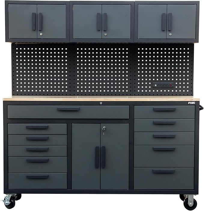 72in Rolling Tool Chest Cabinet Mobile Garage Workbench Heavy-Duty Tool Cabinet on Wheels with 11 Drawers, 2-Door Cabinet, 3 Top Cabinet, Pegboard & Power Strip for Tool Organization