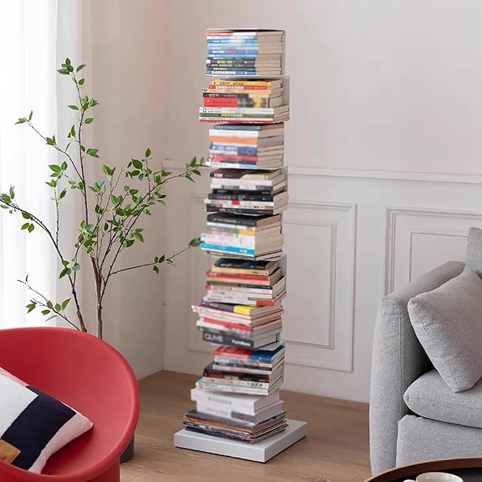 Invisible Vertical Spine Bookshelf Tower,Tall Narrow Metal Bookshelf for Small Space,Corner Floor Standing Book Organizers for Living Room, Office, Entryway(7 Tier, White)