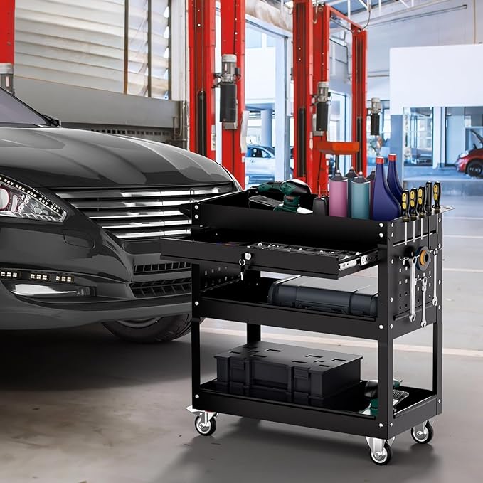 3 Tier Tool Cart on Wheels with Drawers - Three Tier Rolling Cart with Lockable Storage - Mechanic Tool Chest - Tool Chest with Wheels Used in Garage, Indoors, Workshop (Black)