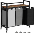 Laundry Hamper, Laundry Basket, Laundry Sorter with 3 Removable Bags, Clothes Basket with 3 Compartments, Wheels, Shelf for Laundry Room Bathroom Bedroom (3 Bags-Black Grey White)