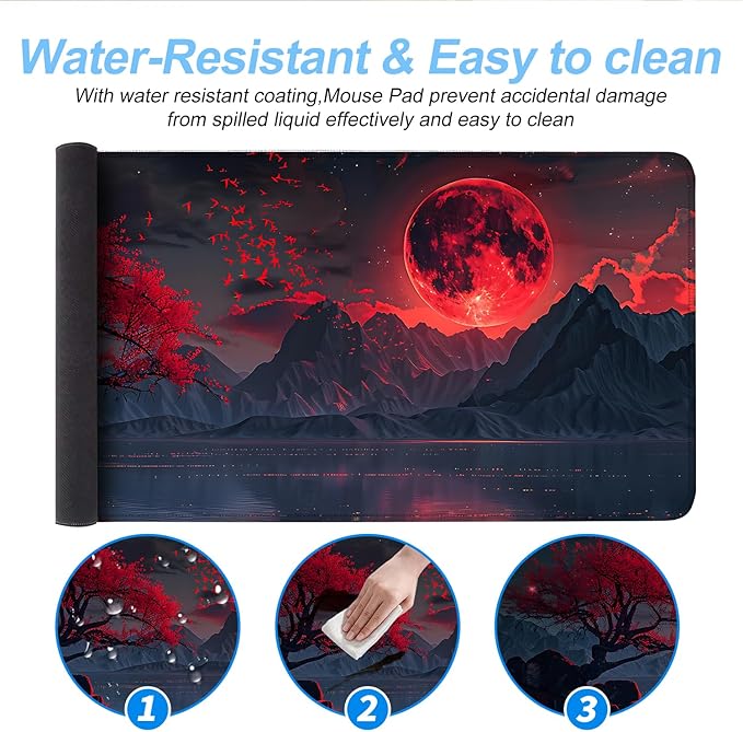 Red Moon Mouse Pad XXL – Large Gaming Desk Mat with Dark Mountain Landscape & Sakura Tree, Extended Mousepad with Non-Slip Base for Office, Gamer Setup,31.5 x 11.8 in