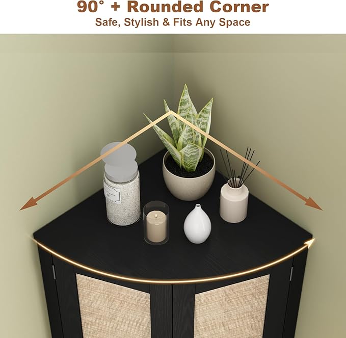 Tall Corner Cabinet, 64.7" Rattan Corner Storage Cabinet with 4 Doors and 5 Storage Shelves, Farmhouse Space Saver, Boho Shelf for Living Room, Kitchen, Bathroom, Office, Rustic Black