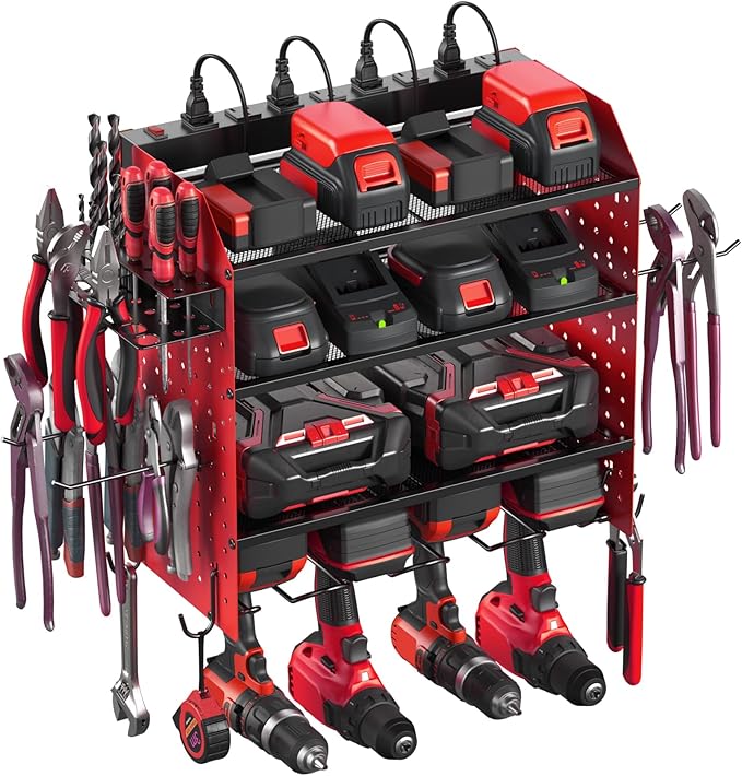 CCCEI Modular Pegboard Rack Power Tool Organizer with Charging Station. 4 Layer Wall Mount Drill Holder, Red Tool Battery Charger Organizer. Garage Shop Storage Utility Shelf with Power Strip.