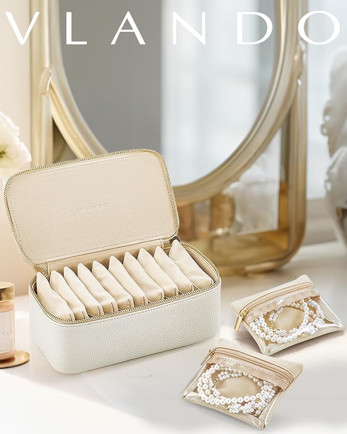 Vlando Jewelry Box with 12 Velvet Jewelry Pouch Jewelry Travel Organizer for Women Girl Jewelry Case Necklace Rings Earrings Bags Christmas Gifts Wedding Gifts Mothers Day Gifts (White)