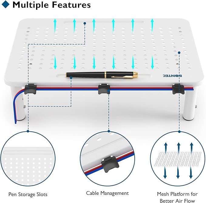 BONTEC 2 Pack 3 Height Adjustable Monitor Stand Riser with Pen Holder, Ergonomic Metal Laptop Stand with Cable Management, Desktop Stand for Computer, Printer, Monitor, Laptop (White, 14.5” x 9.1”)