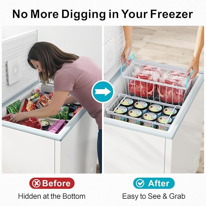 iSPECLE Chest Freezer Organizer Bins - 8 Pack Small Stackable Deep Freezer Organizer Bins for Most 7 Cu.FT Freezer Sort Frozen Meats, Freezer Storage Bins Easy Access Food without Digging, White