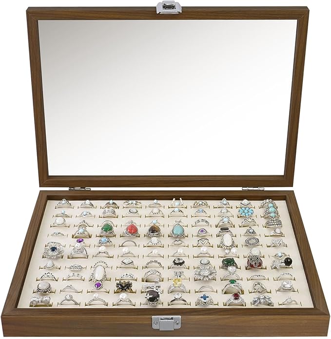 MOOCA 100 Ring Box Jewelry Display Tray, Display Case Accessories Storage Box with Tempered Glass Hinge Lid, Beige Lined Jewelry Tray for Rings, Walnut Color, 14.1W x 10.2D x 2.1H in