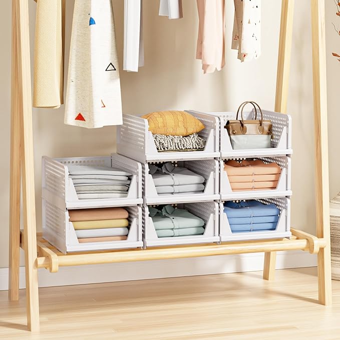 4 Pack Stackable Closet Storage Basket - Stackable Storage Bins, Multifunctional & Foldable Closet Organizer Divided, Wardrobe Cupboard Space-Saving Clothes Storage Hat Organizer, White