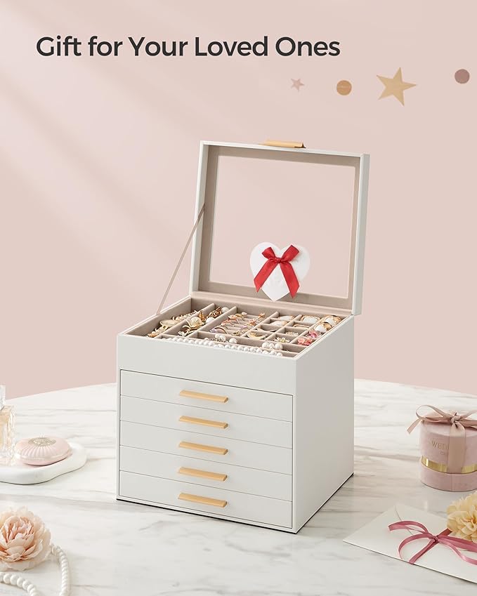 SONGMICS Jewelry Box Organizer with Glass Lid, 6-Layer Jewelry Storage, with 5 Drawers, Modern Style, Christmas Gift, 8 x 9.1 x 9 Inches, Cloud White and Gold Color UJBC176W01