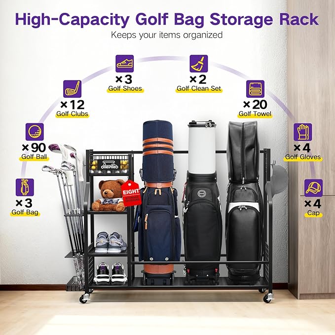 Golf Bag Storage Garage Organizer, Golf Bag Storage Stand and Other Golfing Equipment Accessories Rack, Golf Bag Storage Rack with Wheels, Golf Organizer for Home, Garage, Club, Shed, Basement