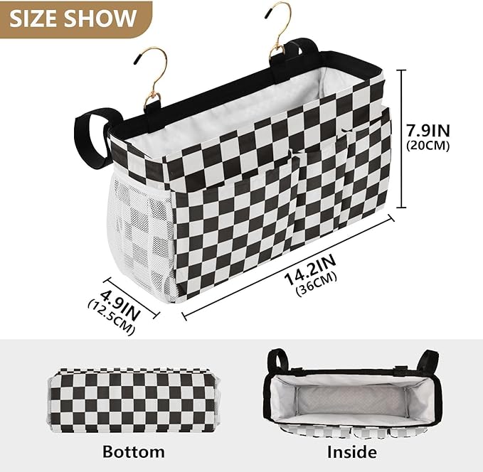 Checkered Black Bedside Caddy for Dorm Bed Bedside Hanging Caddy Bag Iron Frame Storage Organizer Pocket for Bunk Home College Hospital Beds 2 Hooks