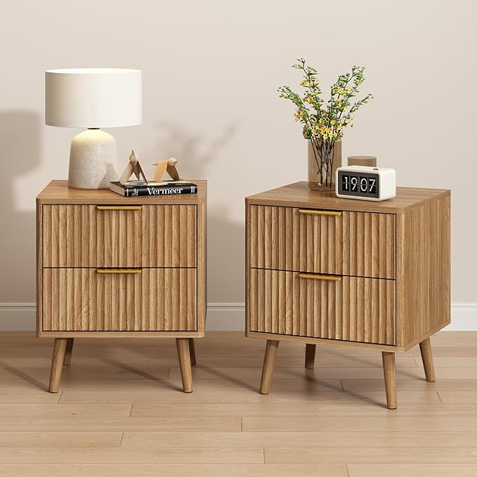 CARPETNAL Fluted Nightstand Set of 2, Walnut Bedside Table with 2 Drawers and Gold Handles, Wood End Table Mid Century Night Stands for Bedroom Living Room