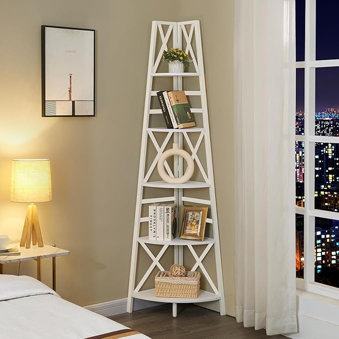 HOMBAZAAR 5 Tier Corner Shelf, 72 Inch Industrial Corner Bookshelf, Tall Ladder Bookcase with Metal Frame, Rustic Shelf Stand for Living Room, Bedroom, Office, White