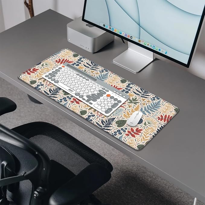 Bohemian Leaves Mouse Pad,Large Vintage Abstract Mousepad Desk Pad with Stitched Edges,Non-Slip Waterproof Rubber Base Mouse Mat for Office Computer Keyboard Laptop Home(27.5x11.8 in)