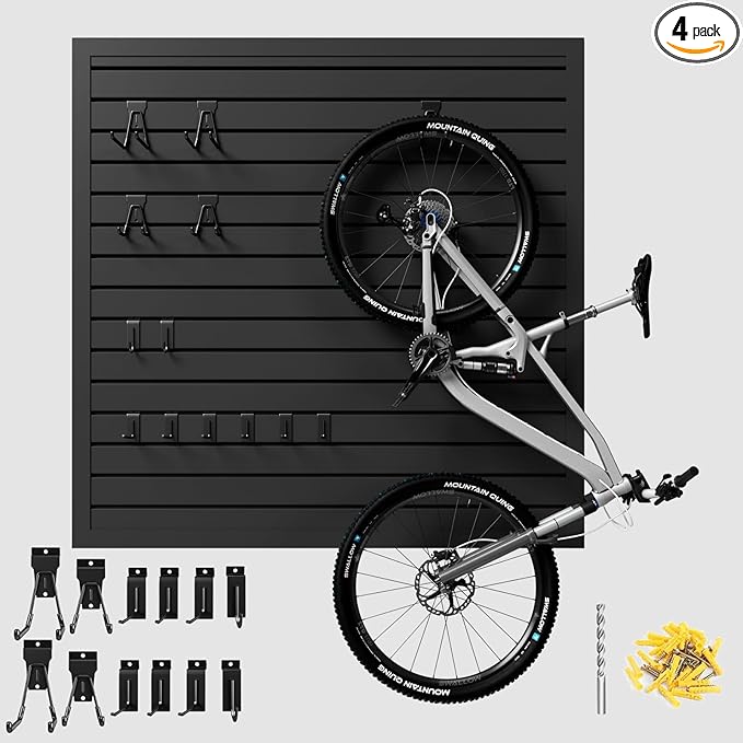 4'H x 4'W Slatwall Panel Garage Wall Organizer with Hooks, Heavy Duty Slat Wall Paneling Sheets, Interlocking PVC Panels, Garage Slatwall for Tool Organization Mounted Storage Systems Black