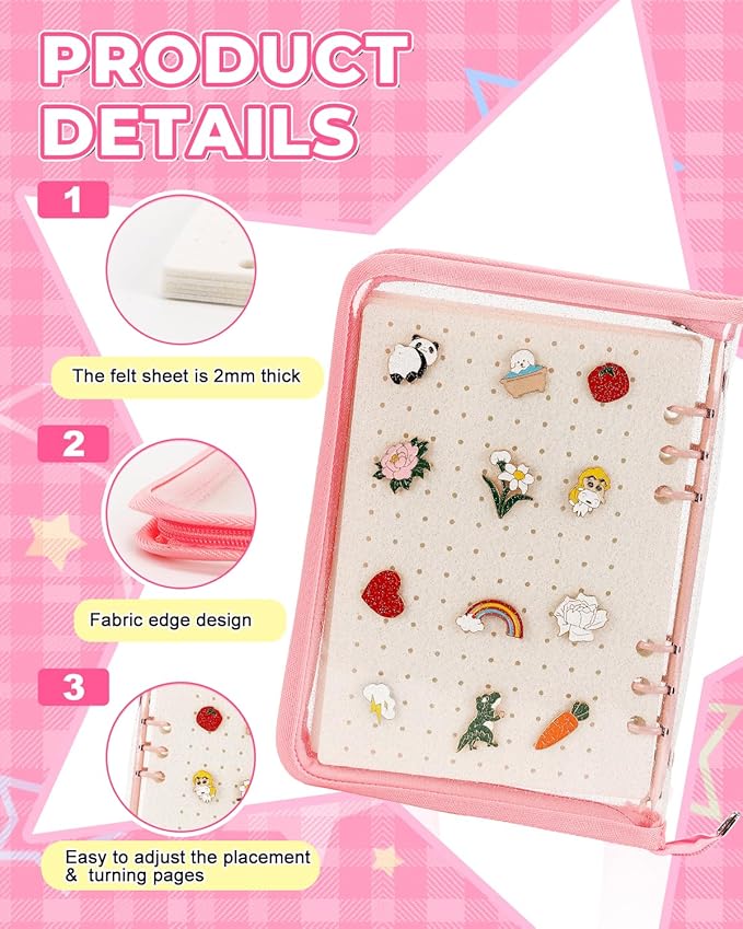 UCEC Pink Enamel Pin Display Book & 50 PCS Pin Backs A5 Album Pin Collection Binder for Brooch Pins, 6-Page Zippered Pinfolio Trading Organizer, Portable Enamel Pin Storage Case for Pin Collectors