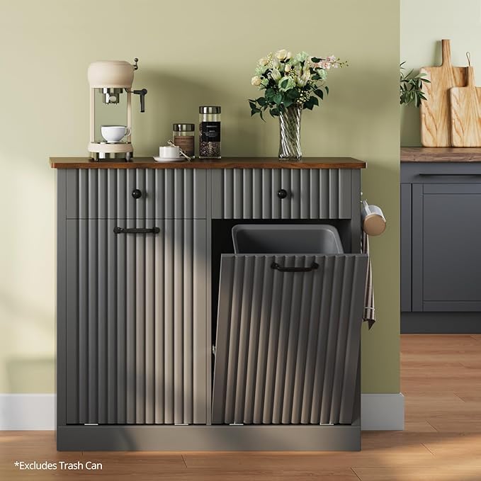 Double Tilt Out Trash Can Cabinet, 20 Gallon Fluted Laundry Hamper Cabinet with 2 Drawers, Wooden Hidden Garbage Can Cabinets for Kitchen, Living Room, Without Trash Bin or Laundry Hamper,Grey