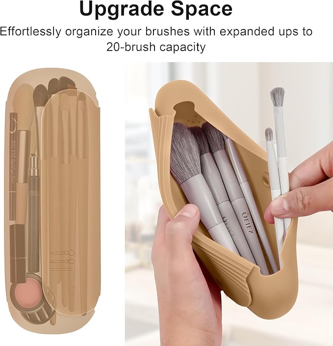 Silicone Travel Makeup Brush Holder for Women with Magnetic Closure and Built-in Brush Cleaner, Washable Cosmetic Organizer, Gift-Ready Pouch, Khaki