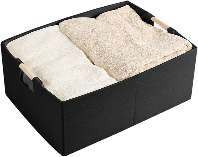 Fabric Storage Bin 3 Pack Foldable Cotton Linen Storage Basket with Wooden Handles Rectangular Cube Box – Black, Medium