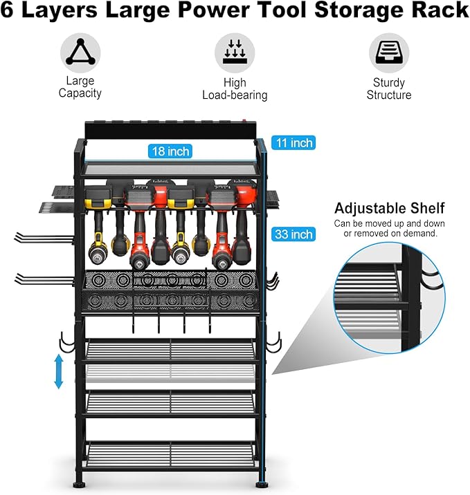 JUNNUJ Power Tool Organizer Floor Stand with Charging Station, Garage Adjustable Storage Rack Utility Tool Shelf with 8 Outlet Power Strip, Heavy Duty Drill and Battery Holder, Yellow