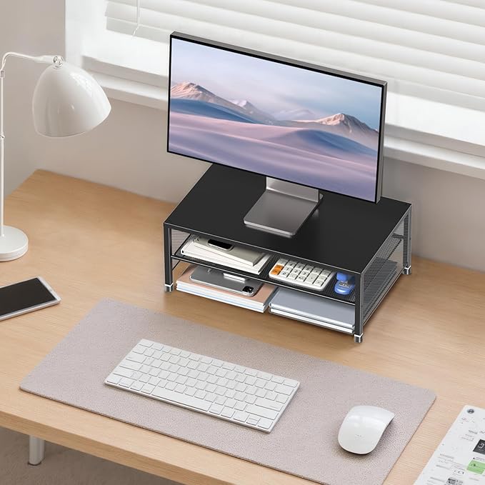 Desk Organizers and Accessories, 2-Tier Metal Computer Monitor Stand Riser, Desk Organizer for Monitor, Printer & Laptop Stand, Desktop Workspace Organizers for Office Supplies(Black 2-Pack)