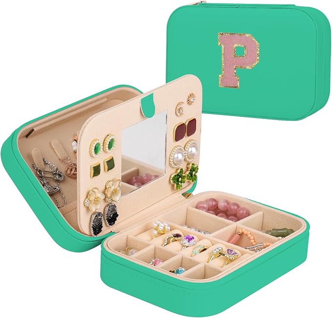 TopPerfekt Travel Jewelry Case, Jewelry Box with Mirror, Jewelry Organizer Bridal Shower Gifts to Her, Earring Storage Travel Case, Trendy Gift for Women and Girls, Girlfriend-Letter P, Green