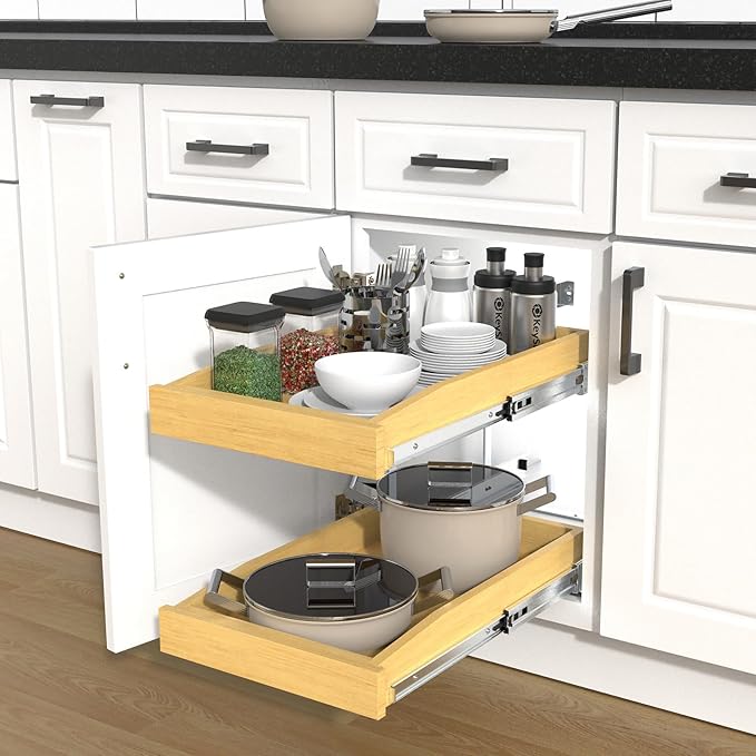Wooden Soft Close Pull out Cabinet Organizer 26" D x 4.3" H, Heavy Duty Slide Out Drawers Pull-Out Home Organizers for Kitchen Cabinets (2 tier-26 * 21 in)