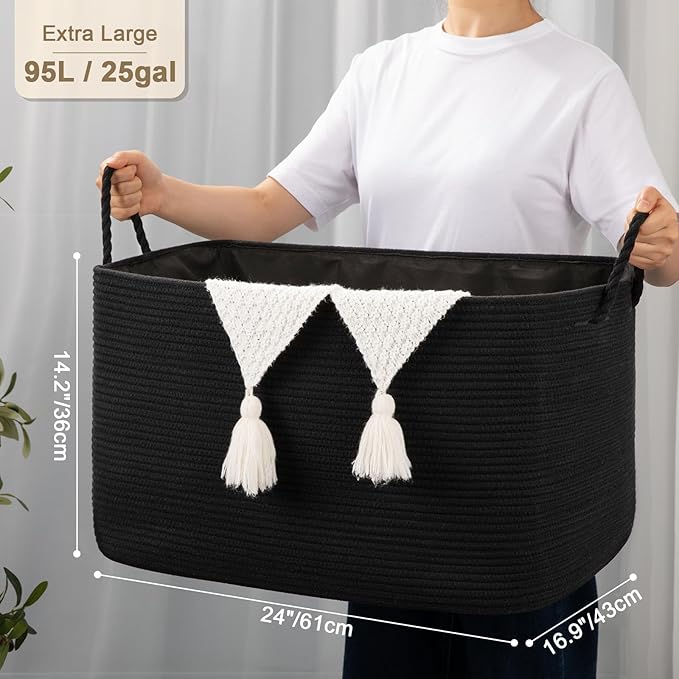 95L Extra Large Blanket Basket with Lid, 24" x 16.9" x 14.2" Woven Storage Basket for Living Room, Rectangle Nursery Blanket Storage for Toys, Towels, Dirty Clothes, Black
