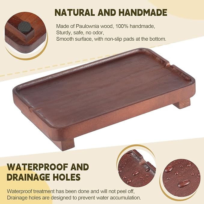 Wood Riser Small Decorative Tray Sink Soap Dish, Vanity Tray Pedestal Stand 9 x 5.9 inches (Dark Brown)