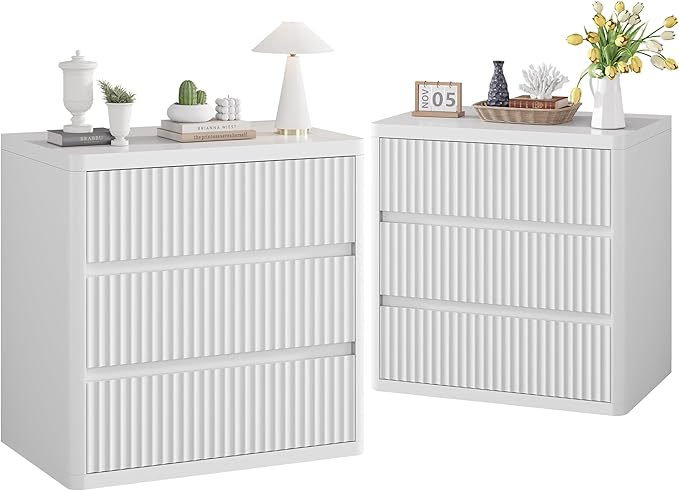 White Nightstand Set of 2, 3 Drawers Night Stand Set, Mid Century Modern Bed Side Table, Large Fluted End Table for Bedroom Living Room Sofa Couch Home Office, Bedside Table with Storage, 24.8” Wide
