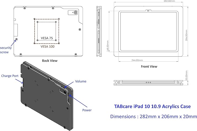 TABcare Anti-Theft Acrylic VESA Enclosure for Apple iPad 10 10.9" 2022, iPad 11" 2025 A16 with Free Wall Mount Kit & 90-Degree Angle USB C Charge Cable (Clear)