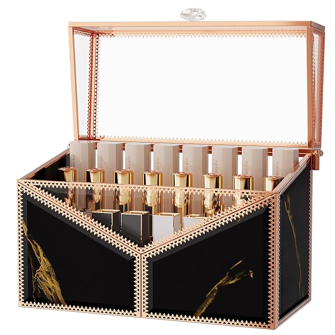 Lipstick Organizer Lipstick Holder - 24 Spaces, Tempered Glass Lip Gloss and Perfume Organizer,Vanity Lipstick Holder and Organizer.Black