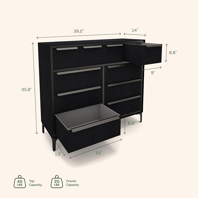 Naima Premium Fabric Dresser - Strong Metal Frame, 10 Spacious Sag-Proof Drawers with Sleek Metal Handles - Premium & Durable Storage Solution for Your Home (Black)