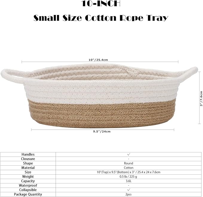 Sea Team 2-Pack Cotton Rope Baskets, 10 x 3 Inches Small Woven Storage Basket, Fabric Tray, Bowl, Round Open Dish for Fruits, Jewelry, Keys, Sewing Kits (Flaxen & White)