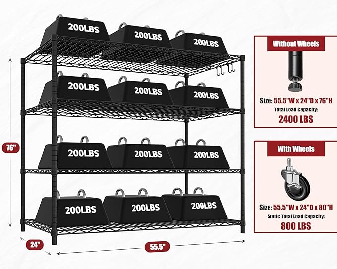 PrimeZone 3 Packs 55.5" W x 24" D x 80" H Heavy Duty Wire Storage Shelves with Wheels, 4 Tier Adjustable NSF Certified Garage Shelving Unit, Rolling Metal Organizer Shelf Rack for Warehouse, Pantry