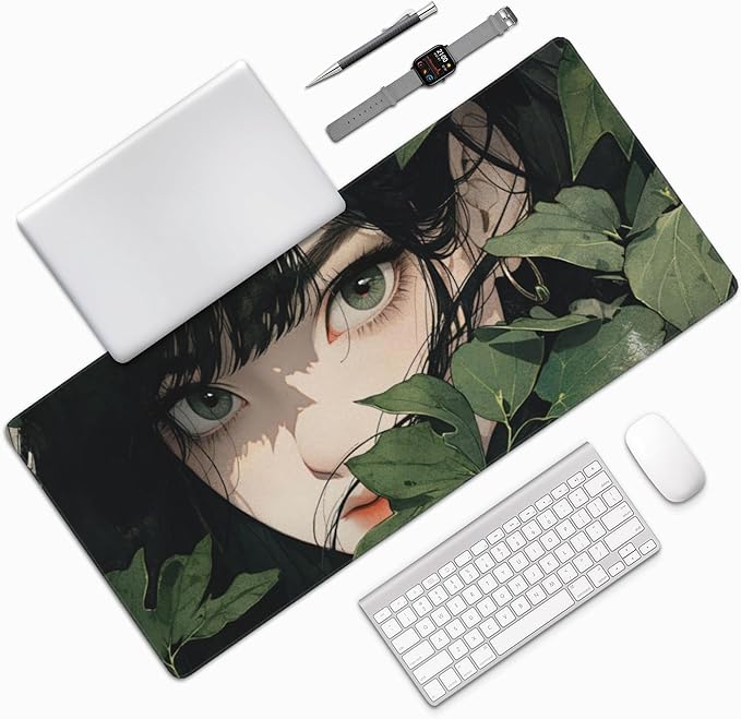 Girl in Foliage Large Mouse Pad, Anime Style Gaming Desk Mat, XXL Keyboard Desk Pad Mat for Desktop, 35.4"x15.7" Non-Slip Base Big Mousepad with Stitched Edges