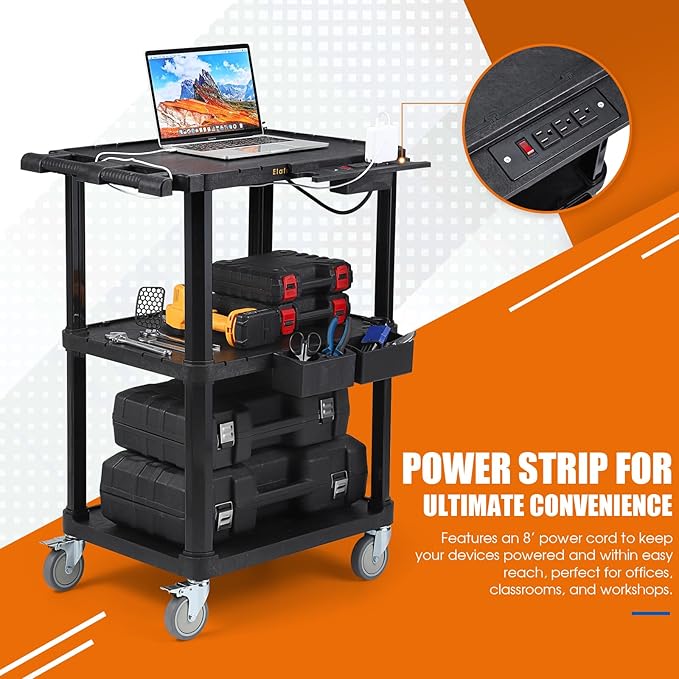 ELAFROS Heavy Duty 3-Tier AV Cart with Power Strip, 27.5 x 18.25 Inch, Industrial Plastic, 330 lbs Capacity, Flat Top Shelves with Swivel Wheels – Multipurpose Rolling cart