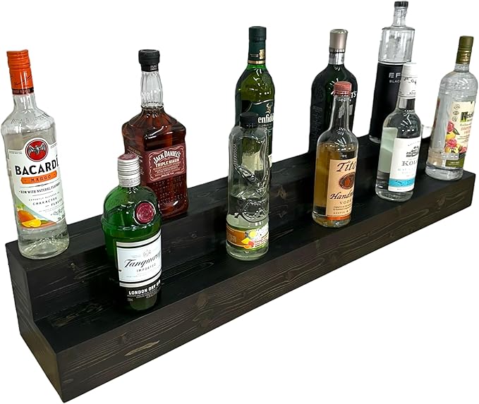 2 Tiered Countertop Liquor Bottle Display Shelf — Holds 26 Bottles Bar Organizers for Wine & Whiskey — Free Standing Bottle Stand for Home, Bar Decor — Wooden Kitchen Counter Shelf, Black