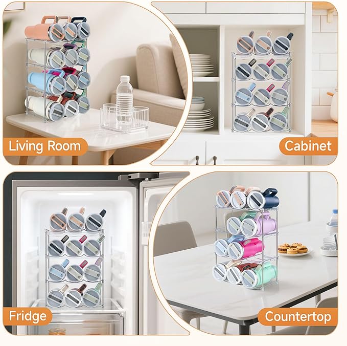 Water Bottle Organizer for Stanley 40 oz Tumbler, Stackable Water Bottle Holder for Kitchen Fridge Cabinet Organization and Storage, Plastic Wine Rack/Drink Bottle Holder (4 Pack - Hold 12)