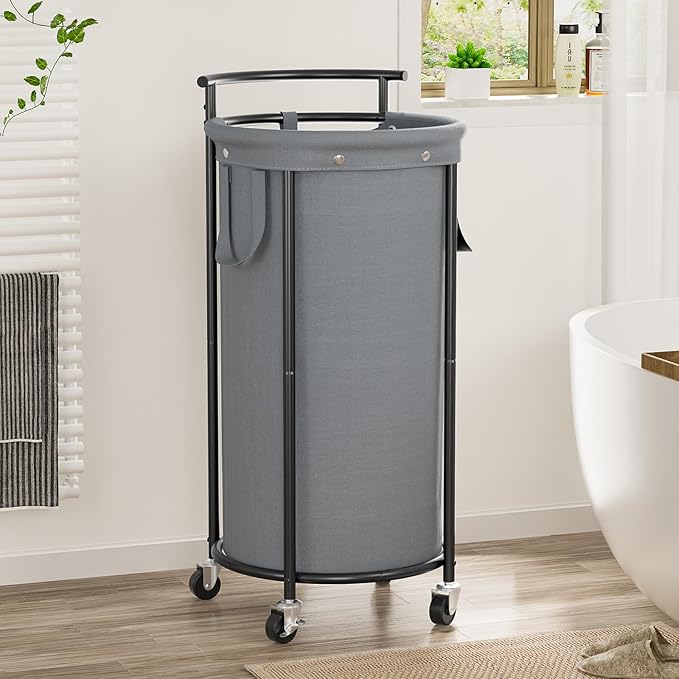 Chrislley 110L Laundry Hamper with Wheels,Rolling Laundry Basket with Removable Bag,Round Iron Laundry Cart with Steel Frame and Handle,Dirty Clothes Hamper Organizer for Dorm,Laundry Room(Grey)