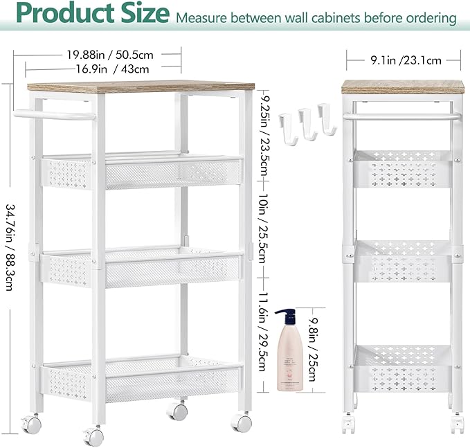 Utility Slim Storage Cart with Wheels, 4 Tier Small Rolling Cart with Wood Top, Metal Kitchen Bathroom Laundry Room Organization Trolley with Handle for Narrow Space - White