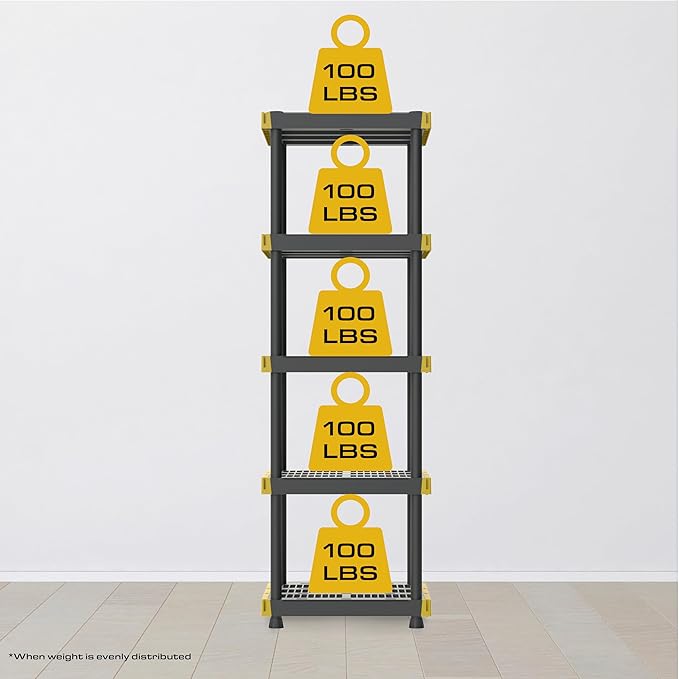 BLACK & YELLOW, 5-Tier Heavy Duty Plastic Storage Shelving Unit, 100lbs/shelf (72H x 24W x 20D), for Indoor/Outdoor Organization, Modular Rack
