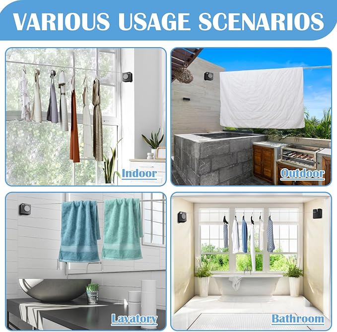 Retractable Clothesline Indoor, Non-Sagging Outdoor Clothes Line Retracting 15.7 Feet Heavy Duty Laundry Line Retractable Wall Mounted Clothes Line Outdoors (Square-Black)