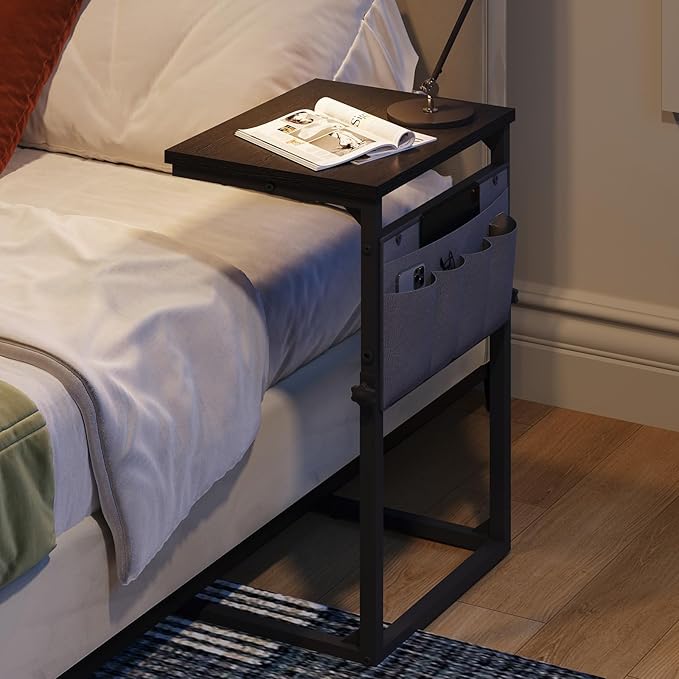 HOOBRO C Shaped End Table, 29.5’’ Adjustable Height Side Table with Storage Pockets, Couch Table Slide Under for Sofa, Small Space, for Living Room, Bedroom, Black BB77SF01
