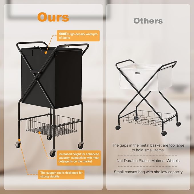 Laundry Basket with Wheels:88L Rolling Laundry Cart Foldable Metal Frame Dirty Clothes Laundry Hamper 36"H 4 Caster 2 Brake Waterproof Removable Liner Carry Handle for Dorm Laundry Room,Black