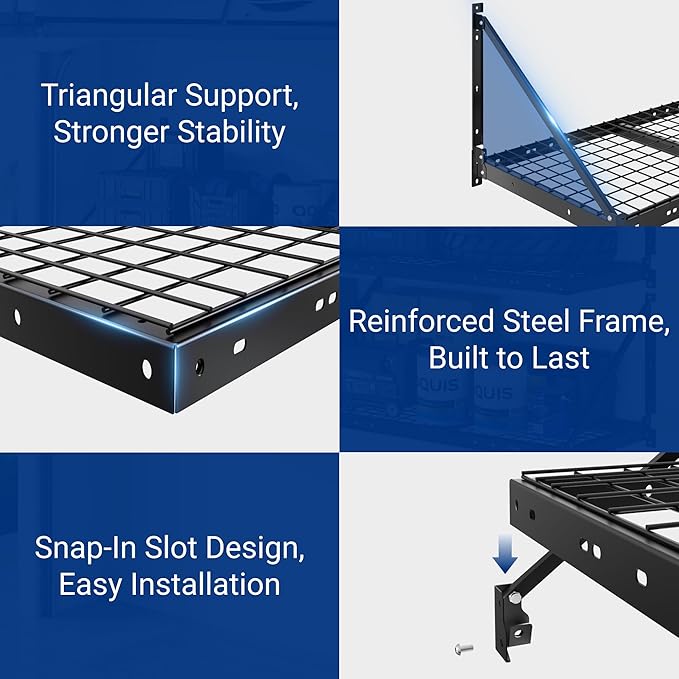 FLEXIMOUNTS 4-Pack 2x4ft Garage Wall Shelving - Heavy Duty Garage Storage System, 1320lbs Load Capacity with Brace Guardrail, Organization for Tools, Bins, Sports Equipment, Utility Room, Pro Series
