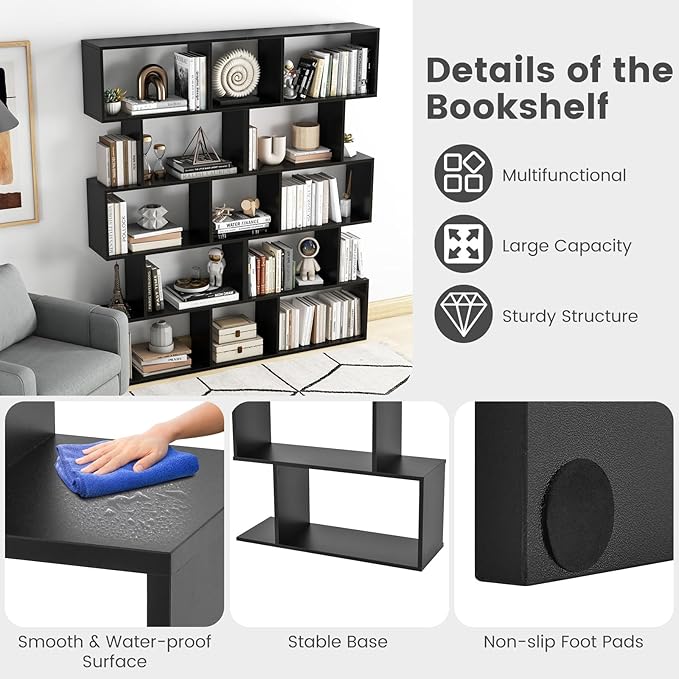 5-Tier Geometric Bookcase, 62.5” Freestanding Room Divider Bookshelf with Open Display Shelves & Anti-tip Device, Wood S-Shaped Storage Organizer for Living Room, Bedroom, Study & Home Office
