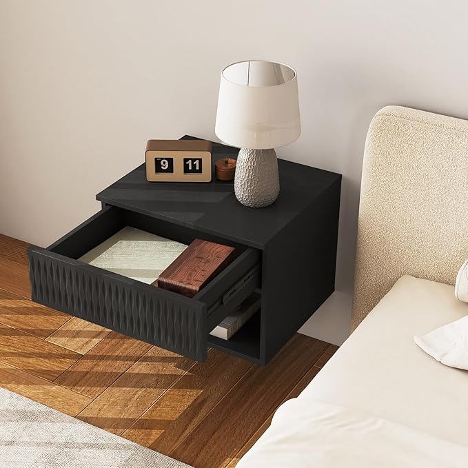 Vibe & Dine Floating Nightstand Set of 2, Wall Mounted Night Stand with Spiral Pattern Design, Modern Bedside Tables with Drawers for Bedroom, Easy Assembly, Black