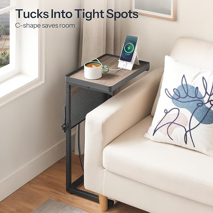 HOOBRO C-Shaped End Table with Charging Station, 29.5” Adjustable Height Side Table with Storage Pocket, Sofa Tray Table Slide Under Couch, for Living Room, Bedroom, Greige and Black BG78USF01