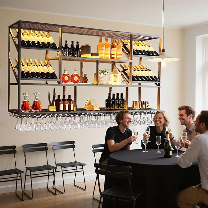 3 Tier Large Wine Rack Wall Mounted with Glass Holder, Black Modern Iron Liquor Shelf, 70.8 Inch Large Wine Bottle Display Shelf, for Kitchen Dining, Home Bar, Cellar (70.8" W)